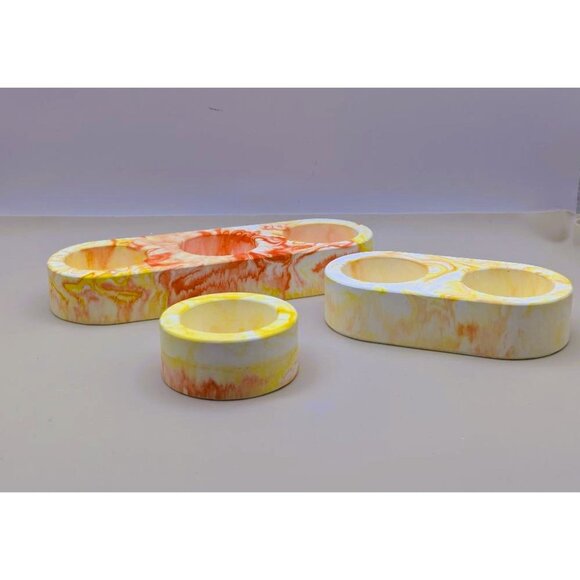 Handmade Eco Resin Tealight Candle Holder Set Marbled Yellow & Orange - Picture 3 of 8